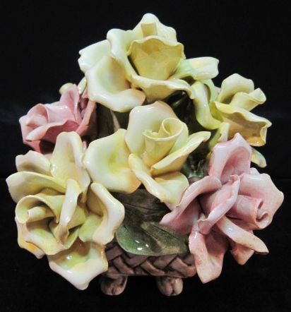   CAPODIMONTE PINK YELLOW ROSE CENTERPIECE BASKET~ITALIAN POTTERY  