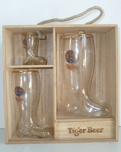 RARE  Tiger beer 3 different sizes boot glass set with woodern 