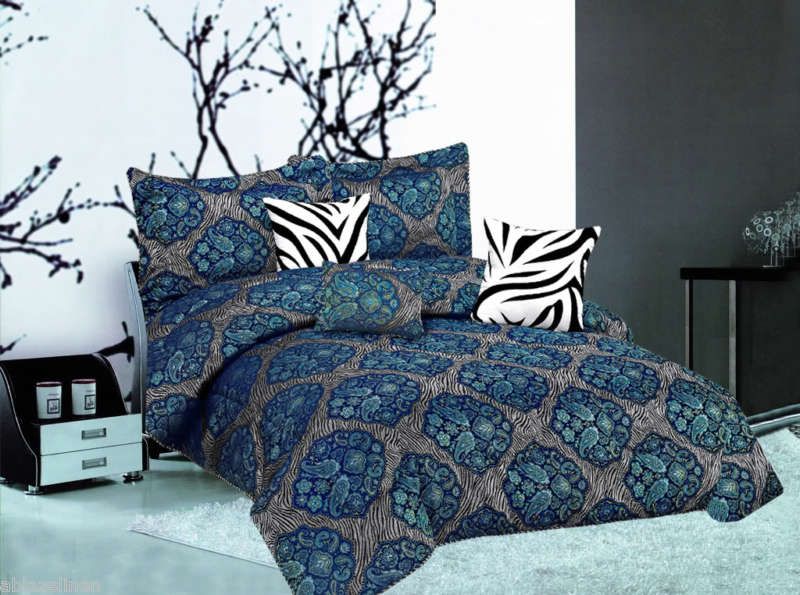 15PC Paisley Zebra Comforter w/Curtain Set Blue KING  