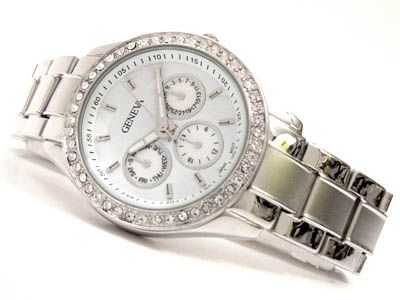 SILVER Bracelet MOP 3D Crystal Bezel Womens WATCH  