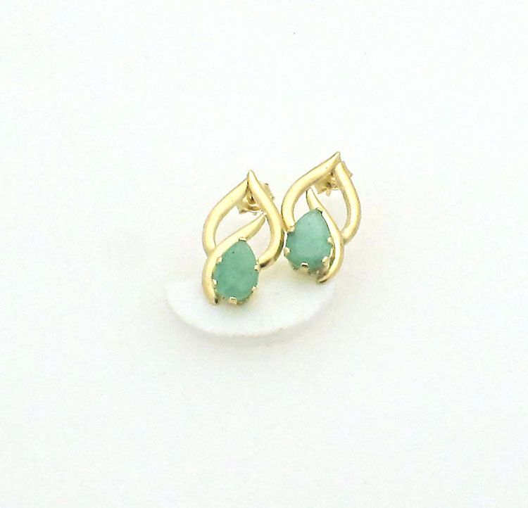 14k Yellow Gold Pierced Stud Emerald Earrings  