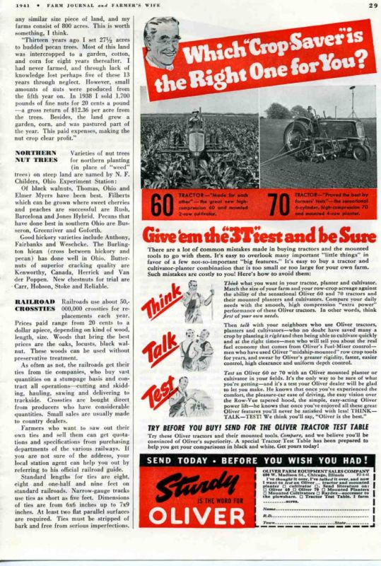 1941 Oliver 60 & 70 Farm Tractor Ad  