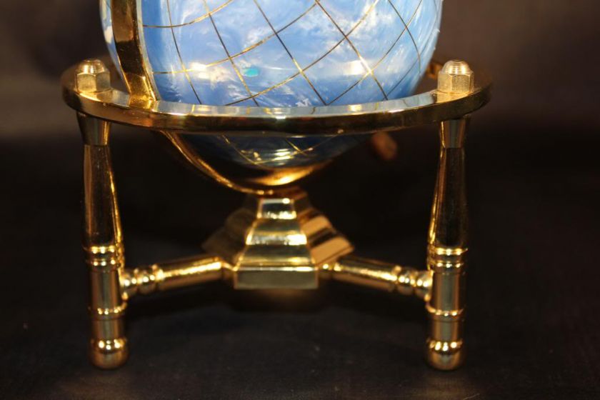 Genuine Multi Gemstone Desktop Globe Gold Tone Base Light Blue Globe 