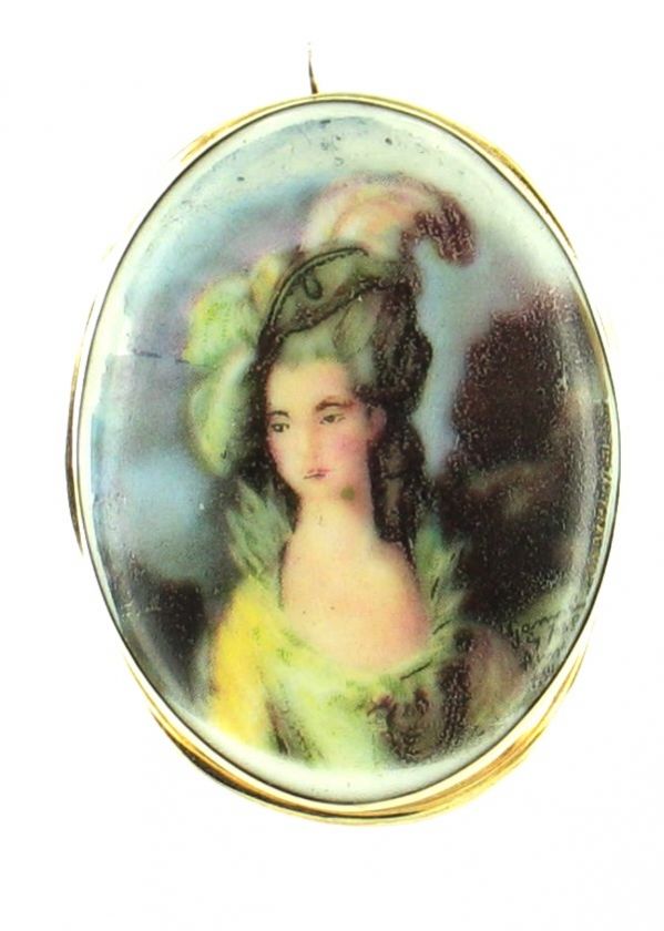 ANTIQUE 14K GOLD LIMOGES PORCELAIN PLAQUE LADY BROOCH  