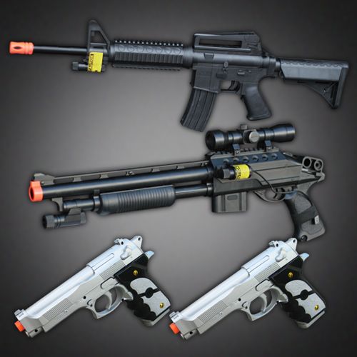 Lot of 4 Airsoft Guns  1 M16 Rifle, 1 Shotgun, 2 Pistol  plus 1,000 