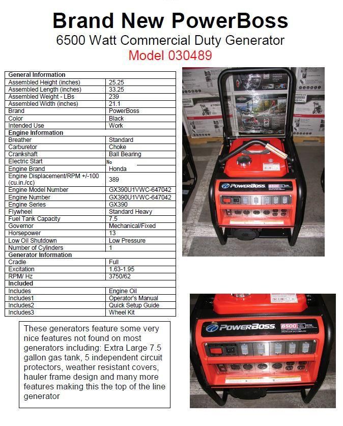 PowerBOSS 7000 Watt Industrial Generator 13 HP Honda GX390 Engine 