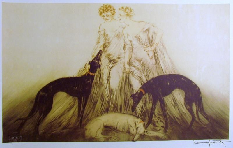 Dog Lovers Louis ICART Rare Lithograph SIGNED Art Deco  