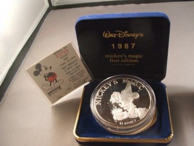 Disney 1987 5 oz .999 Silver Mickey Coin + Snow White and Dopey 1 oz 