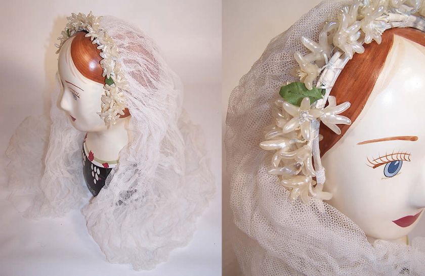 Vintage 1940s Orange Blossom Wax Flower Bridal Wedding Net Veil Crown 