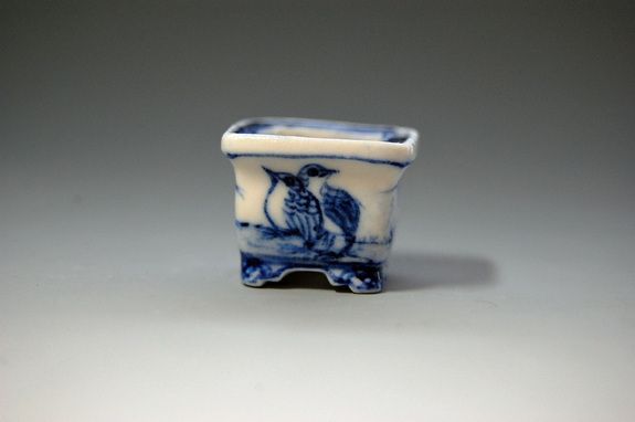 13/16 Mame Japanese bonsai pot Shozan #422 blue picture birds  