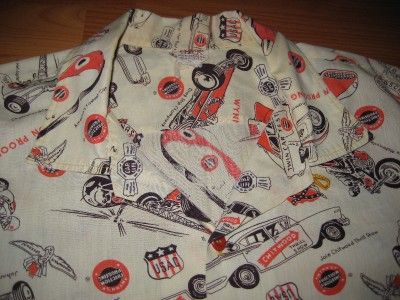 VINTAGE 1950S HOT ROD CAR CLUB WYNNS DRAG RACE PRINT SHIRT  XL  NR 