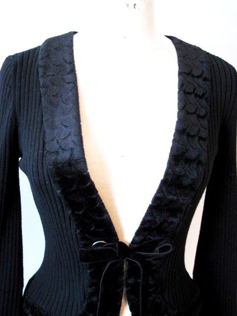 s Black Wool & Spandex Rib Knit & Velvet Button Vee Cardigan 