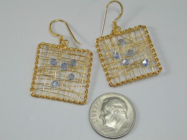   MADE 22K 24K Gold Vermeil Thai Wire Wrap Blue Crystal Earrings  