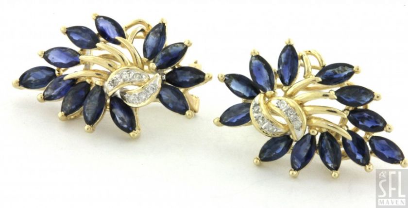 14K YELLOW GOLD 3.72CT DIAMOND BLUE SAPPHIRE CLUSTER EARRINGS  