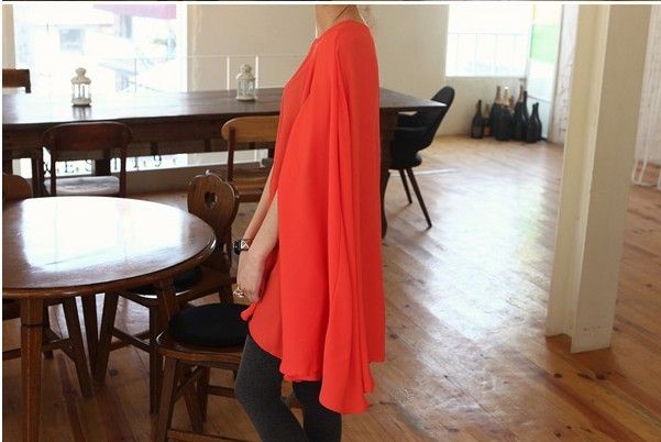 CHIC CAPE CREW NECK CHIFFON BLOUSE RED S/M 1350  