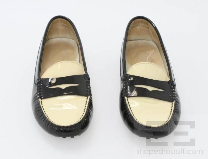 Tods Black & Cream Patent Leather Gommini Penny Loafers Size 8  