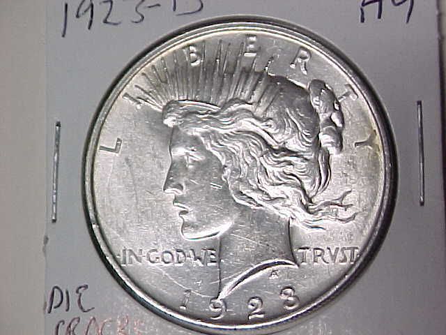 AU 1923 D Peace Silver Dollar   Several Obverse Die Cracks  