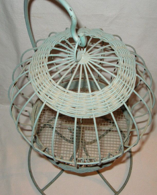 ANTIQUE TABLE TOP DECORATION ANIMAL BIRD HOUSE CAGE WICKER METAL 