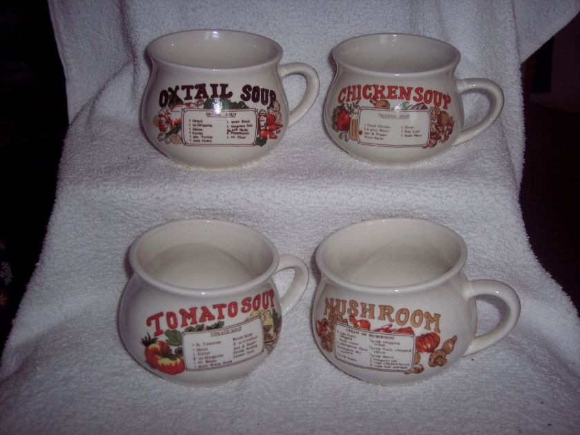 This item is these Vintage 4 Ceramic Soup Bowls or Mugs with recipes 