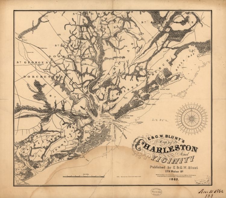 1862 Civil War map Charleston, South Carolina  