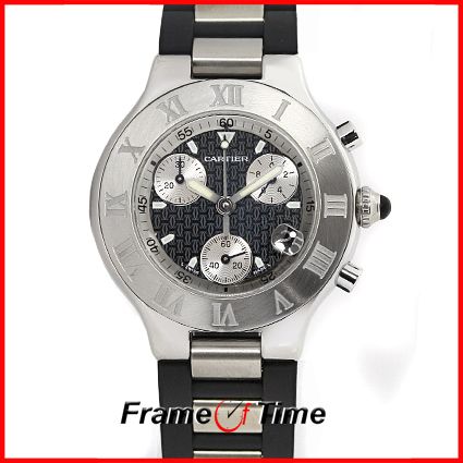 Cartier Mens Must 21 Chronoscaph Chronograph Black Rubber Chrono Watch 