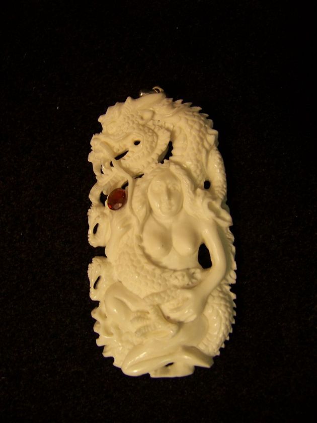 Carved Ox Bone Dragon Princess Totem Pendant With Stone  