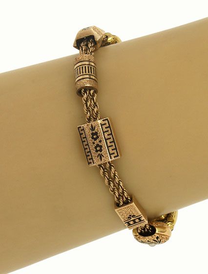 VICTORIAN 14K GOLD SLIDE CHARM BRACELET W/ 9 CHARMS  