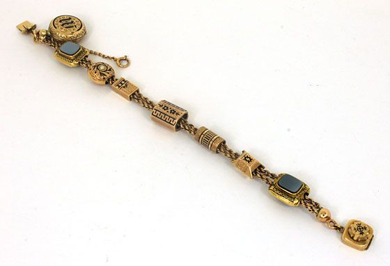 VICTORIAN 14K GOLD SLIDE CHARM BRACELET W/ 9 CHARMS  