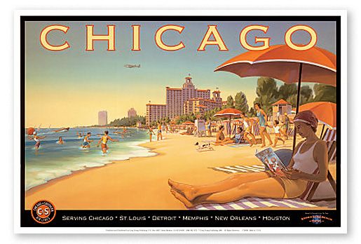 Vintage Travel Poster Print Chicago IL Airlines Beach  