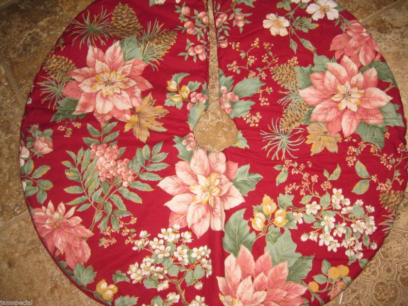 Christmas Tree Skirt 27 Burgundy with Pink poinsettia Green Leaves 