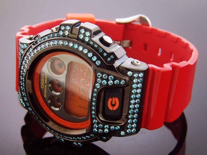 Mens Casio G Shock CZ Lite Blue crystal Watch Red Watch  
