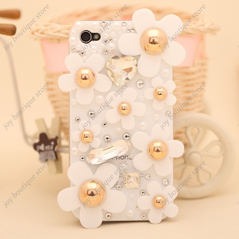 3D white flower Bling Crystal rhinestone pearl Case Cover for Apple 