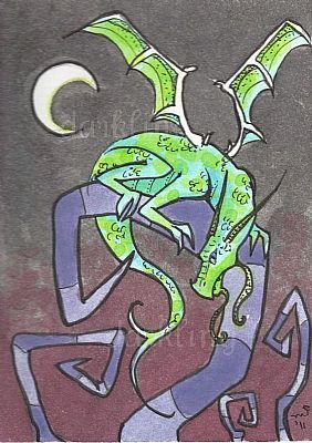 Green Dragon Moonbeam Monster crescent moon strange fantasy ACEO art 