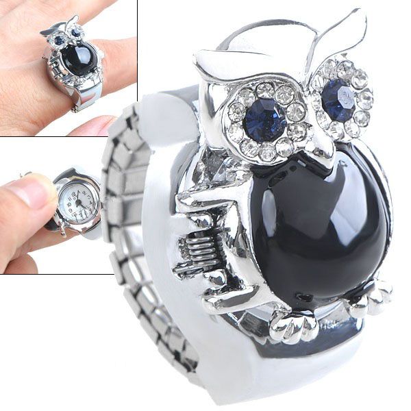 Finger Ring Clock Quartz Watch Rings Chic Owl Figure Rhinestone 