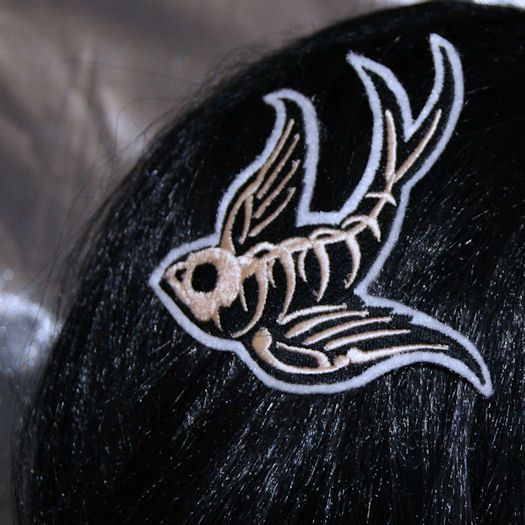 Swallow Skeleton Skull Goth Embroidered Hair Snap Clip  