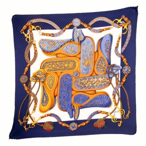 HERMES Festival Henri dOrigny Equestrian Geometric Pleated Silk Scarf 