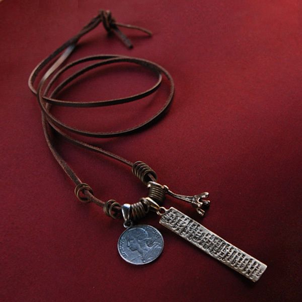 Mens cool VINTAGE adjustable LEATHER COIN necklace  