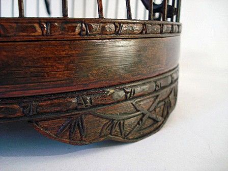 Old Antique Bamboo Chinese Bird Cage Hand Carved Porcelian Bowls 