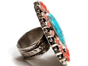 Tonya Rafael Turquoise & Coral Cluster Ring Adjustable  