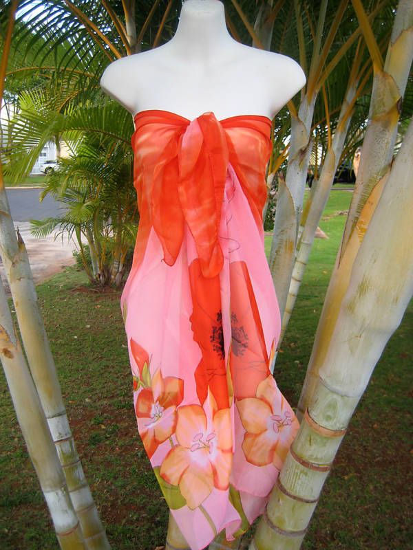 Sheer Sarong ORANGE & PINK POPPIES Beach Cover up Hawaii Cruise Wrap 