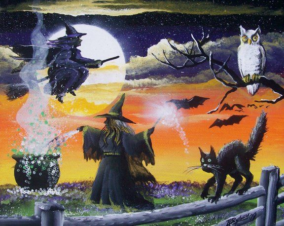   Art Halloween White OWL Witch Cauldron Black Cat on Fence PRINT HA31