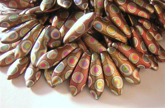 NEW 18 CZECH GLASS DAGGER BEADS MATTE COPPER IRIS PEACOCK 15x5mm 