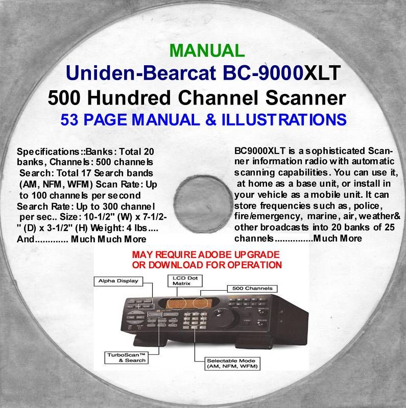 Uniden Bearcat BC 9000XLT 500 Channel, Base MANUAL Disc  