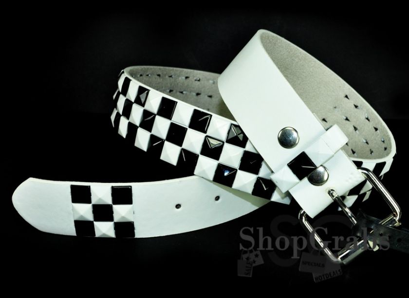 NEW Spike Pyramid Belt 3 Row Punk Rocker White / Black  