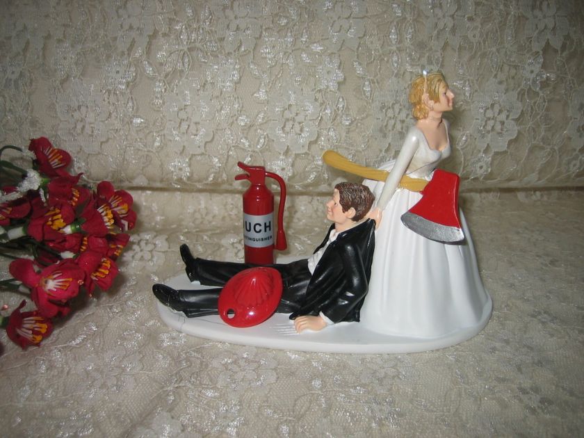 Fireman Firefighter Groom Humorous Wedding Cake Topper  