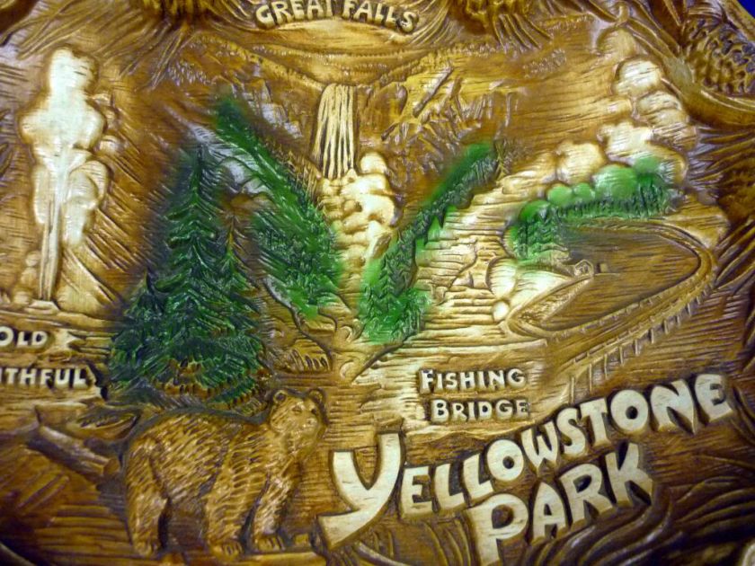 VINTAGE YELLOWSTONE NATIONAL PARK TACO WOOD PLATE BOWL  